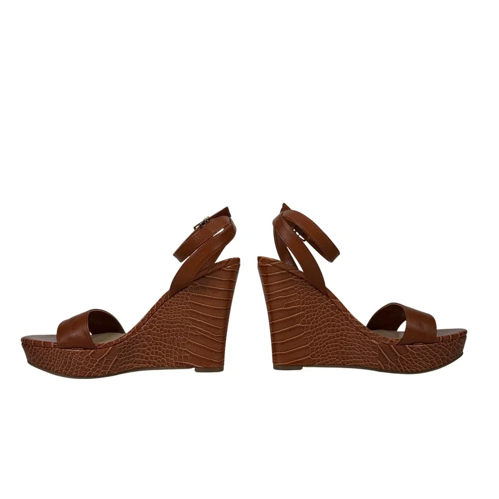 Guess Tales  Wedge Sandals Womens 9 Cognac Brown Croc Embossed Platform Open Toe